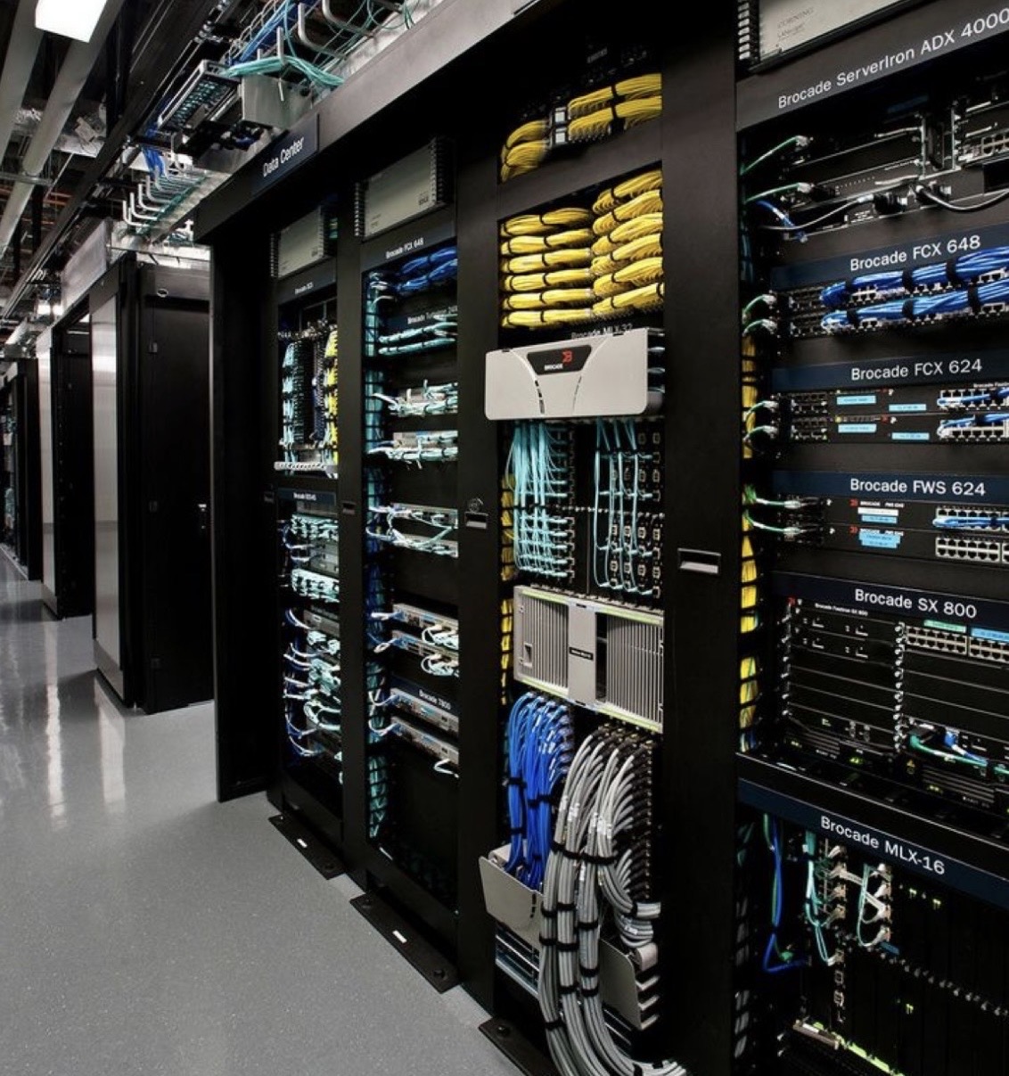 Server room with network racks and cabling