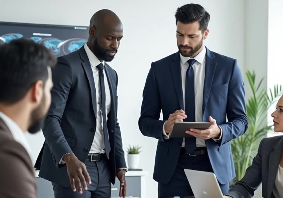 Business team discussing marketing strategy with tablet