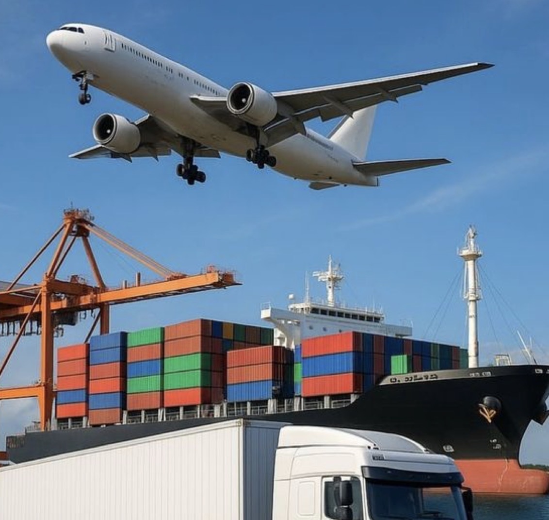 Cargo airplane flying over container ship and delivery truck at port